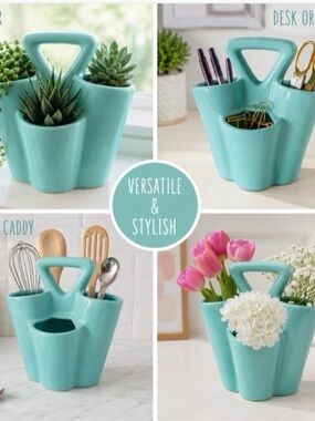 Retro Aqua Ceramic Multi-Purpose Caddy Utensils Flatware Planter Vase Desk Craft